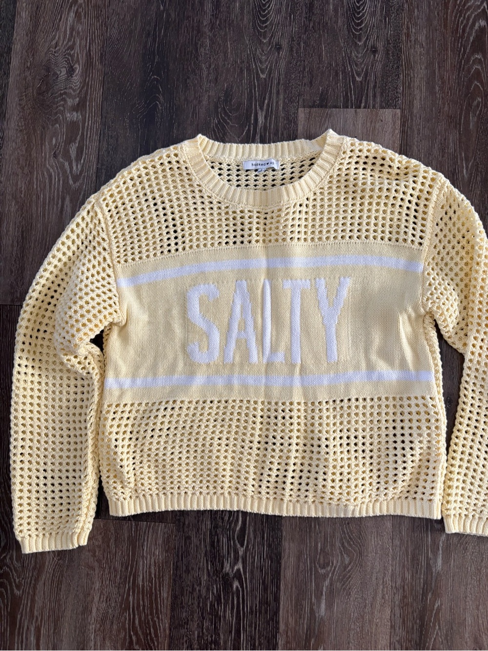 Hooked Up by IOT Yellow & White 'SALTY' Open-Knit Crewneck Sweater